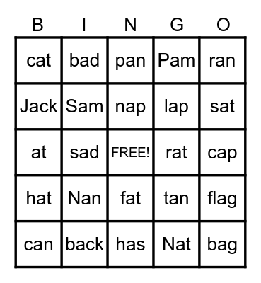 Short A Bingo Card