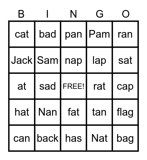 Short A Bingo Card