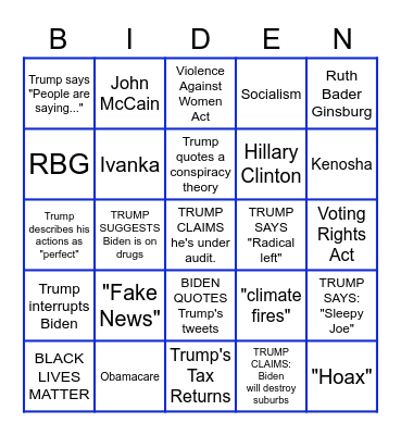 2020 Biden-Trump Debate Bingo Card