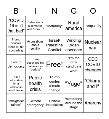 AzSPN First 2020 Debate Bingo Card