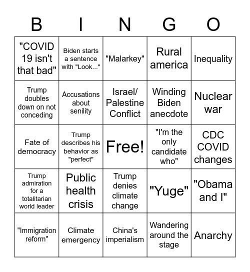 AzSPN First 2020 Debate Bingo Card