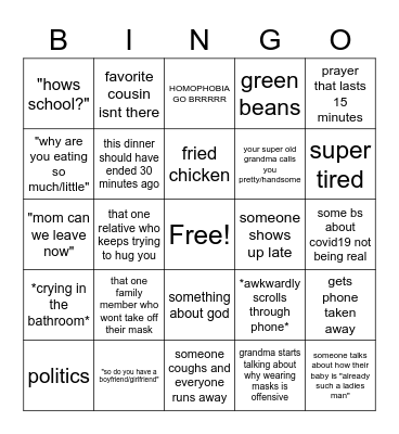 2020 family dinner Bingo Card