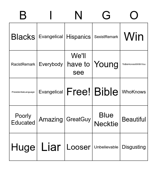Donald Trump's Debate Lingo Language Bingo Card
