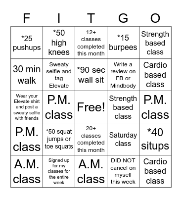 October 2020 Elevate Fitness Studio Bingo Card