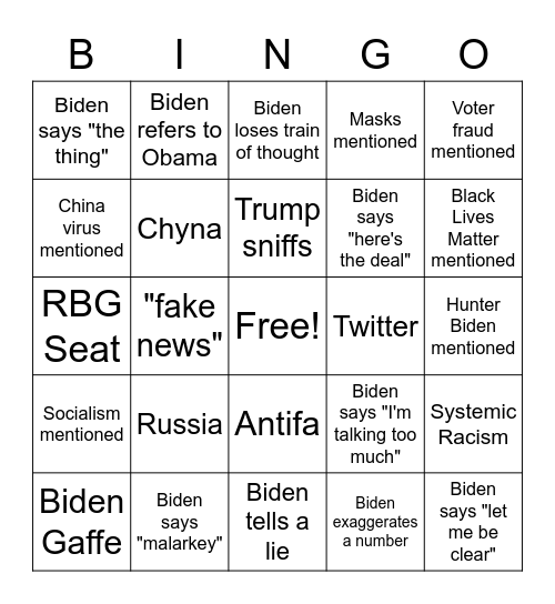 Trump Biden First Debate Bingo Card