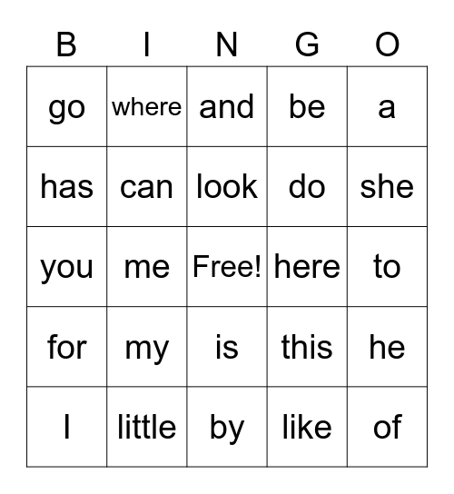 Sight Words Bingo Card