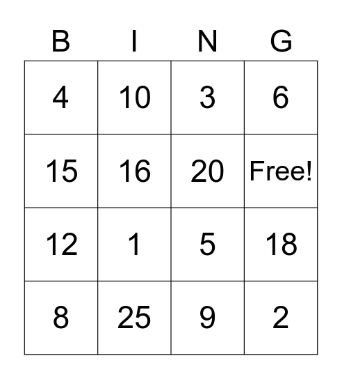Multiplication Bingo Card