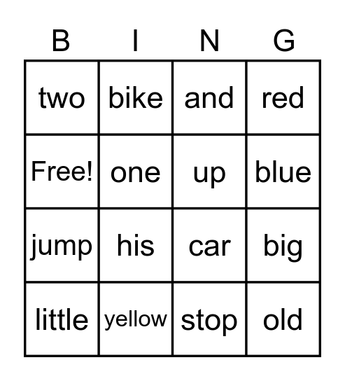 Sight Word Bingo Card