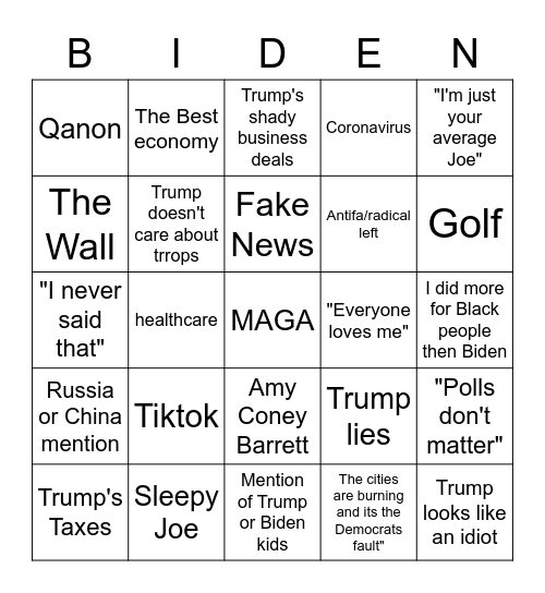 1st Presidental Debate Bingo Card