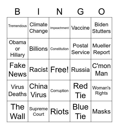 2020 Presidential Debate Bingo Card