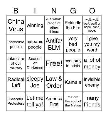 Presidential Debate 2020 Bingo Card