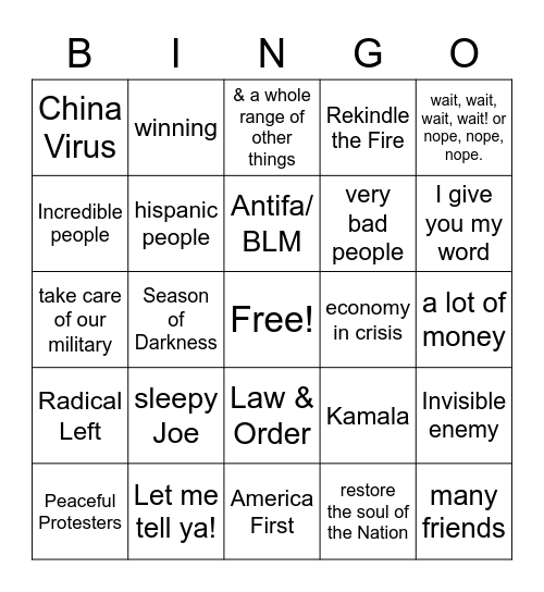 Presidential Debate 2020 Bingo Card