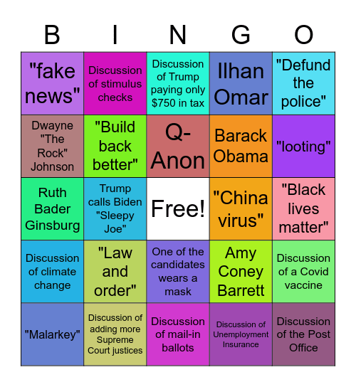 2020 Presidential Debate Bingo Card