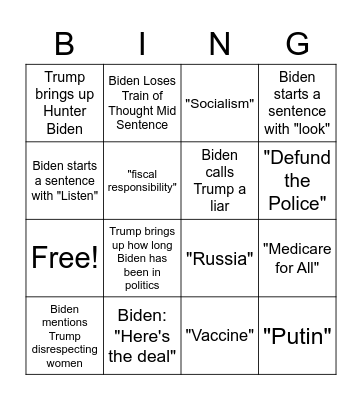 2020 Presidential Debate Bingo Card