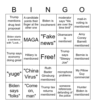 2020 Presidential Debate Bingo Card