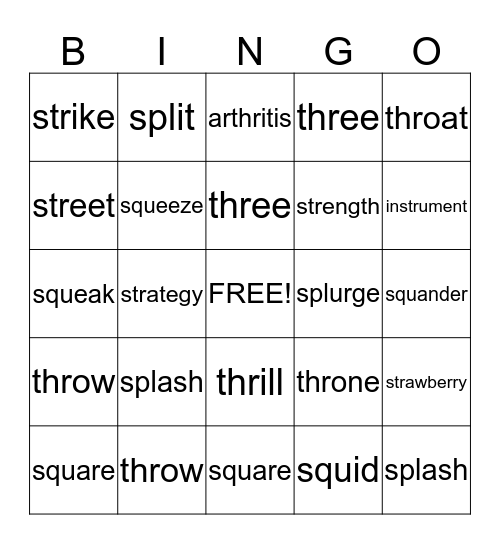 Spelling Word Bingo Card