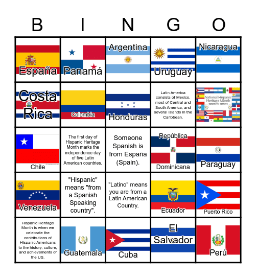 National Hispanic Heritage Month Bingo Card