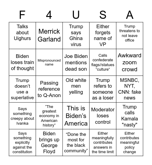 2020 DEBATE THUNDERDOME Bingo Card