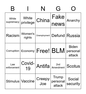 Debate 2020 Bingo Card