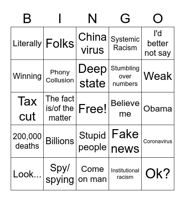 2020 Presidential Debate Bingo Card