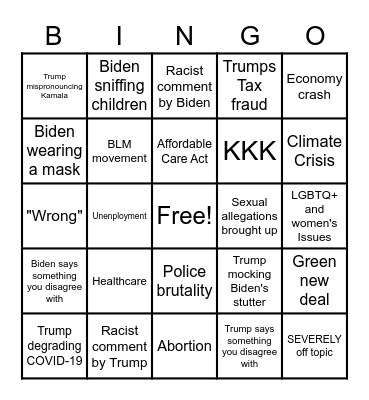 Presidential Debate Bingo Card