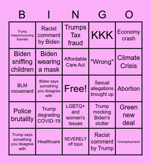 Presidential Debate Bingo Card