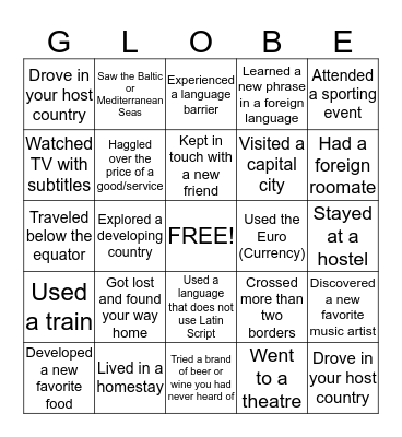 Study Abroad Bingo Card