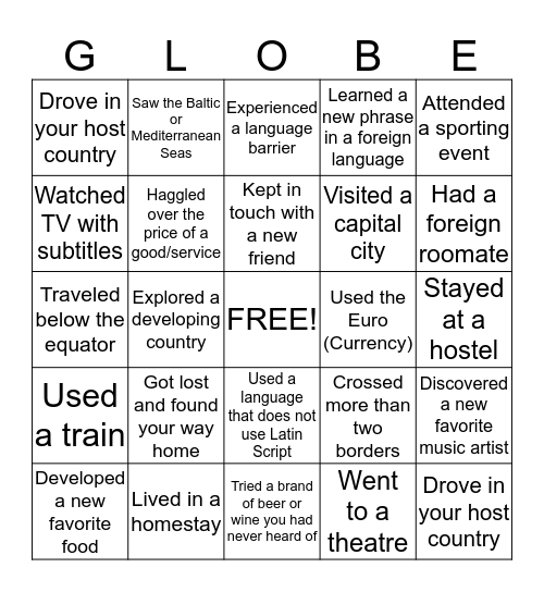 Study Abroad Bingo Card