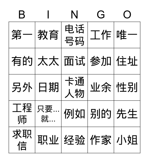 CIE IGCSE 第十九课 申请工作 Bingo Card