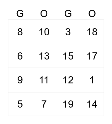English numbers Bingo Card