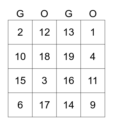 English numbers Bingo Card