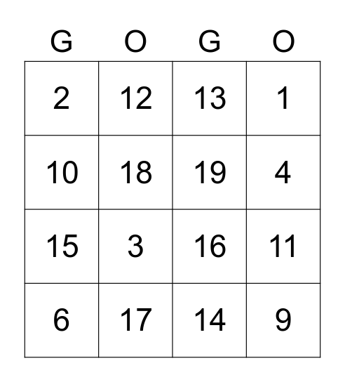 English numbers Bingo Card