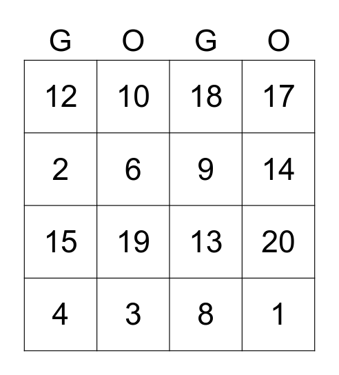 English numbers Bingo Card