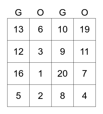 English numbers Bingo Card