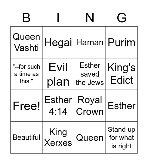 The Book of Esther Bingo Card