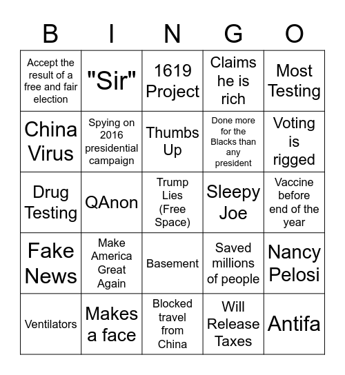 Trump Debate Bingo Card