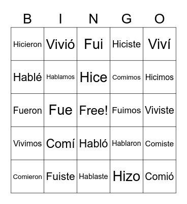 Past Tense Verbs Bingo Card