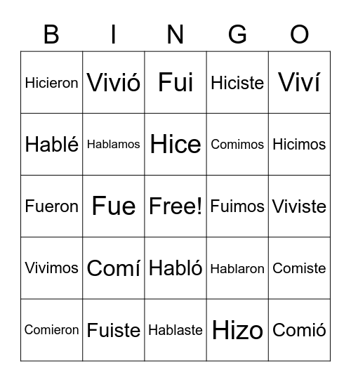 Past Tense Verbs Bingo Card