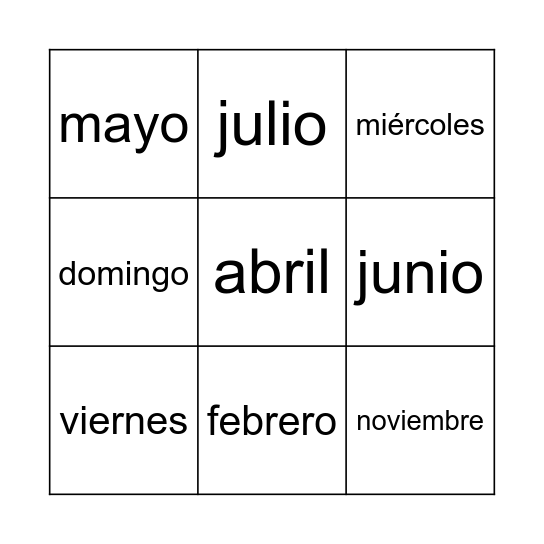 Los días de la semana y los meses del año Bingo Card