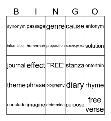 vocabulary bingo Card