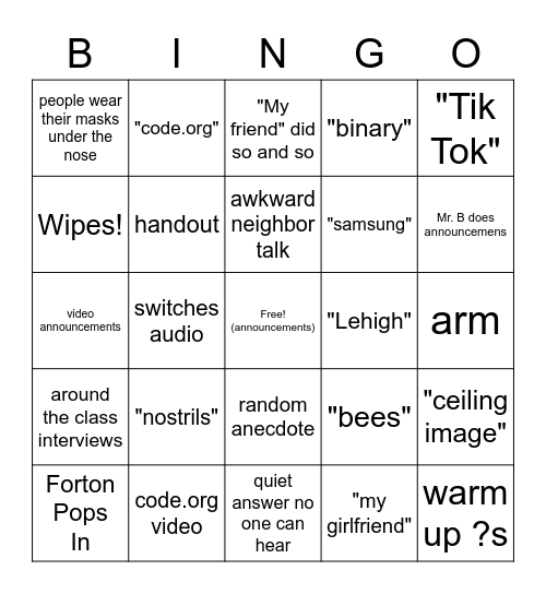 CompSci Bingo Card