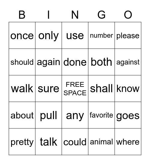 Trick Words Bingo Card