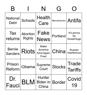 2020 Debates Bingo Card