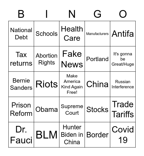 2020 Debates Bingo Card