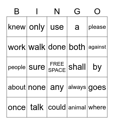 Trick Words Bingo Card