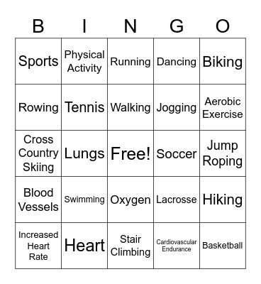 Cardiovascular Endurance Bingo Card