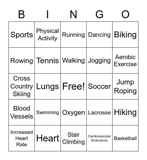 Cardiovascular Endurance Bingo Card