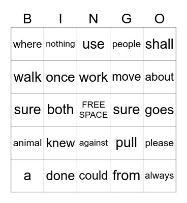 Trick Words Bingo Card