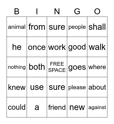 Trick Words Bingo Card