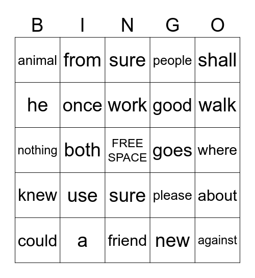 Trick Words Bingo Card